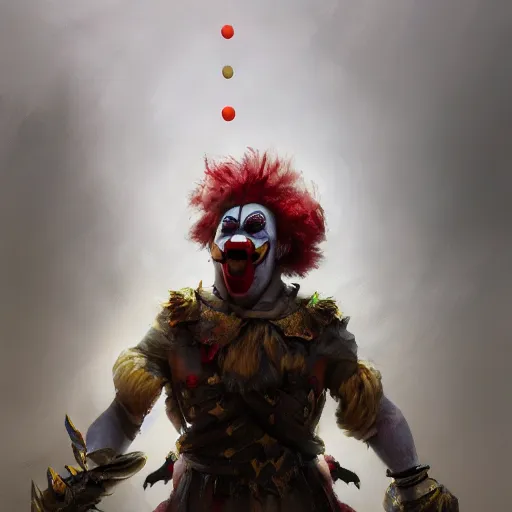 Image similar to clown warrior, pointed teeth, portrait, intricate, detailed, volumetric lighting, scenery, digital painting, highly detailed, artstation, sharp focus, illustration, concept art, ruan jia, steve mccurry