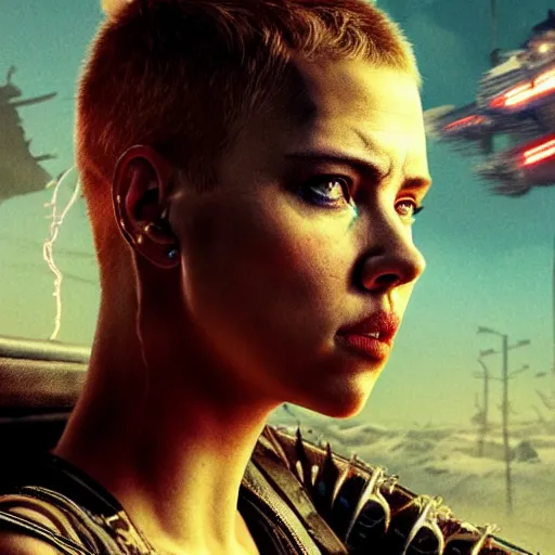 Prompt: Fury Road sandstorm scarlett johansson after a bad mission in Cyberpunk 2077. CP2077. 3840 x 2160