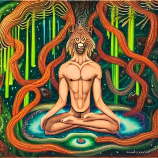 Image similar to an anthromorphic wolf man meditating in a zen garden with a waterfall, by amanda sage in a psychedelic style, oil on canvas