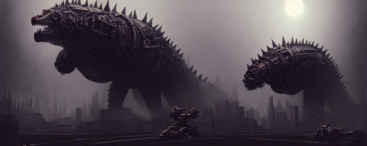 Image similar to duotone noir concept illustration 3 / 4 portrait of mechanical godzilla as steampunk automaton - obsolete technology. cinematic volumentric lighting. cosmic horror. accidental renaissance. by sachin teng and sergey kolesov and ruan jia and heng z. graffiti art, scifi, fantasy, hyper detailed. octane render. concept art. trending on artstation