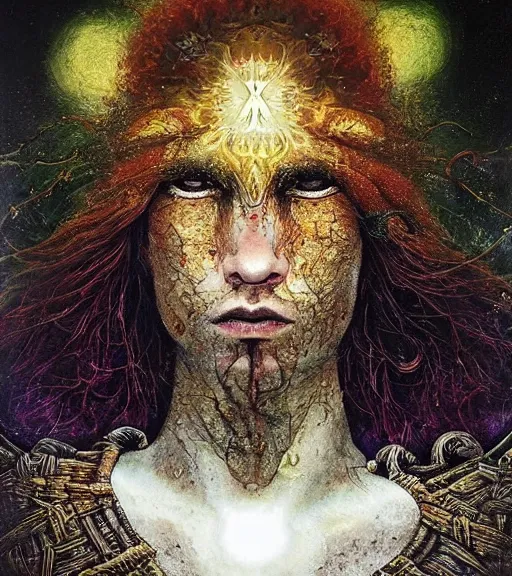 Image similar to I am the warrior Lord of the three worlds of existence, the manifest Lord of the glorious Lord’s manifestation. I am alive, and I am rejuvenated. Be strong,, and be prepared. Strive hard and become a chosen one. the seven stars are mine, portrait, overgrowth and dark flowers by karol bak, WLOP, James Jean! , tom bagshaw, rococo, trending on artstation, fantasy, elegant, highly detailed, digital painting, concept art, smooth, sharp focus, illustration, cinematic lighting, hyper realism, octane render, 8k, hyper detailed.