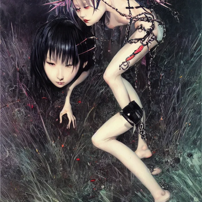 Image similar to cruel korean goth girl, cute, full body, spikes, latex, rubber, anime aesthetic, chibi, hyperrealistic, detailed, smooth, very smooth, brushwork, digital painting, sharp focus, concept art, fantasy, by junji ito, by bruce pennington, by annie leibovitz