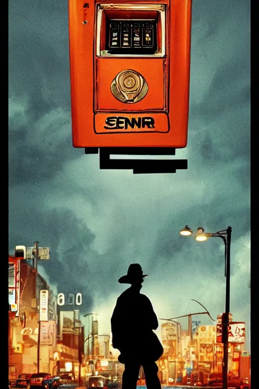 Image similar to an award - winning movie poster for a movie called senor featuring a junkie making a payphone call in a thunderstorm in queens at night in the 1 9 9 0 s