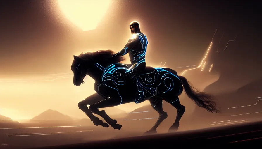 Image similar to tron legacy jesus riding cyborg horse, face, diffuse lighting, hyper realistic, concept art, intricate, hyper detailed, smooth, sharp focus, illustration, trending on artstation, art by greg rutkowski and james gurney and alphonse mucha