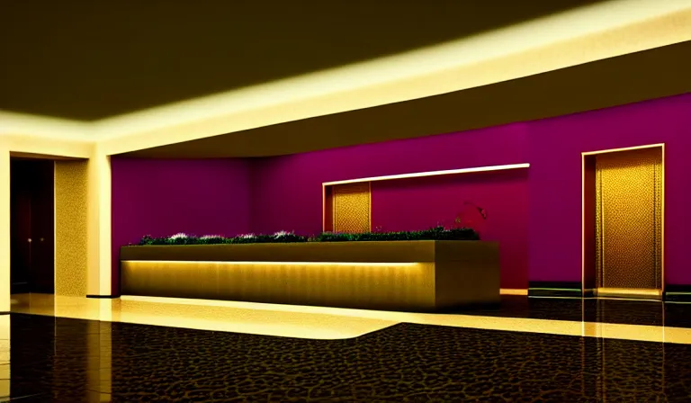 Prompt: a beautiful, sharp focus, clean lines. the interior of a vast 1 9 7 0 s luxury hotel lobby. leopard print. vaporwave ombre rendering. outrun style. trending on artstation. recommended for you behance. wes anderson colors. by chris moore. by edward hopper. ambient occlusion. digital matte painting. metropolis filmic. gotham city.