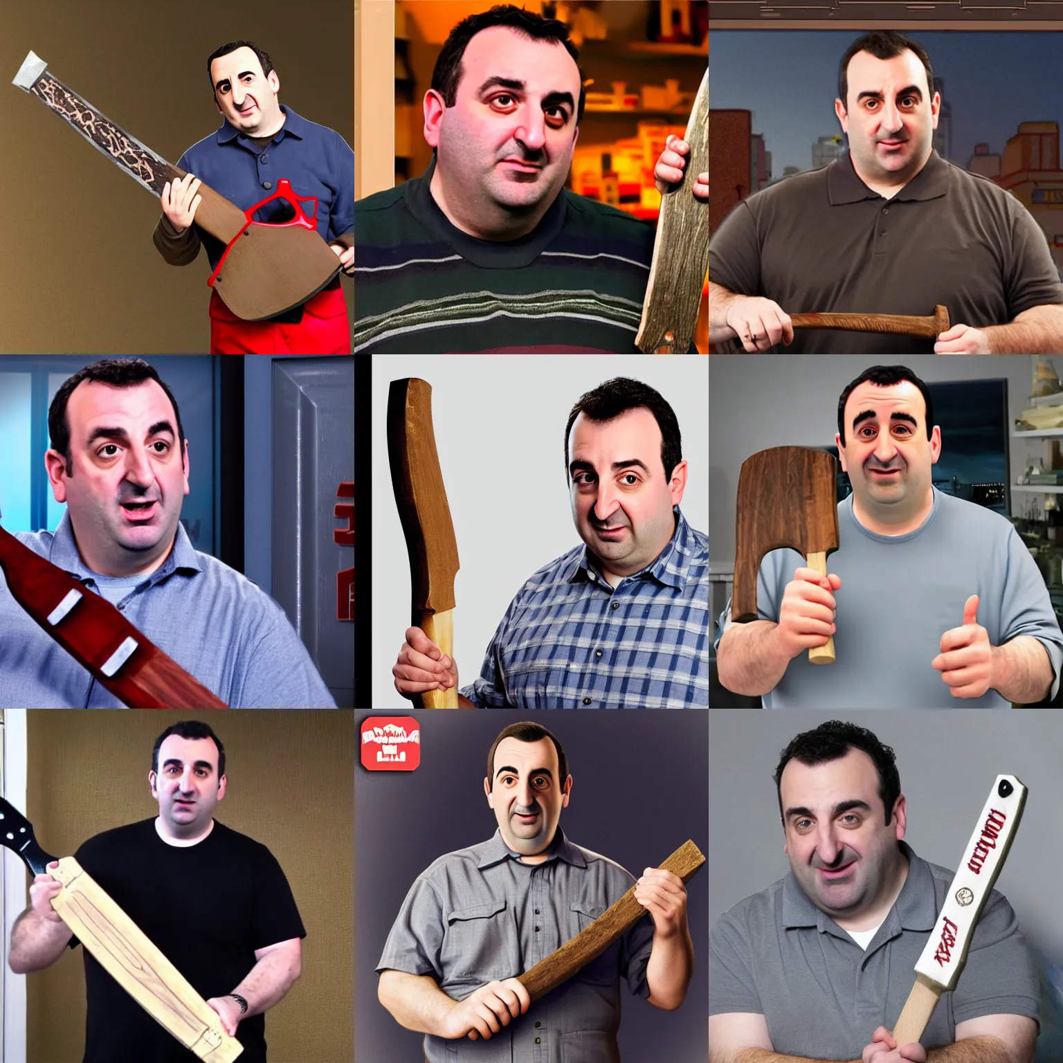 Prompt: Mike Stoklasa from Red Letter Media movie review fancam, blank expression, holding an axe, beautiful trending detailed photorealistic