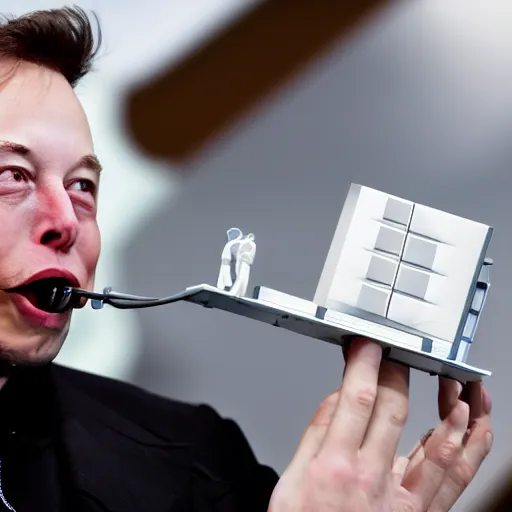 Image similar to Elon Musk eating a computer, highly detailed, high quality, HD, 4k, 8k, Canon 300mm, professional photographer, 40mp, lifelike, top-rated, award winning, realistic, sharp, no blur, edited, corrected, trending