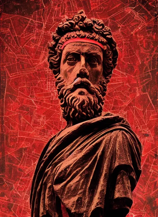 Prompt: design poster showing a statue of marcus aurelius, black background with very subtle red and purple design elements, powerful, nekro, vito acconci, graphic design, collage art, thin lines, dark, glitch art, neo vaporwave, gritty, layout frame, square, trending on artstation
