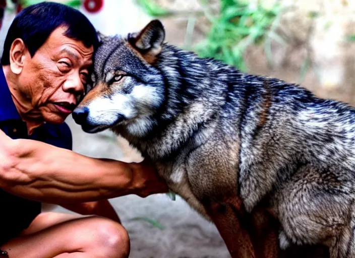 Image similar to duterte petting a wolf, realistic photograph, award winning photograph, cinematic, 4 k