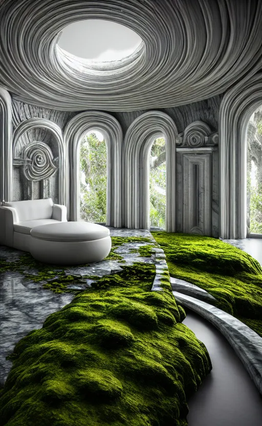 Image similar to highly detailed ultra sharp 3 d render villa interior cinematic composition of a smooth ceramic porcelain biomorphic magnolia stone nebula fluid fractal sci - fi surreal architecture landscape, granite, metallic, magnesium, marble, moss and lichen, vincent callebaut composition, mamou - mani, archviz, beautiful lighting, 8 k, unreal engine, hdr,