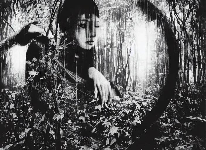 Image similar to a female model with long black hair, emerging from a dense misty jungle wearing camouflage by yohji yamamoto, in the style of daido moriyama, 3 5 mm film, camera obscura, double exposure