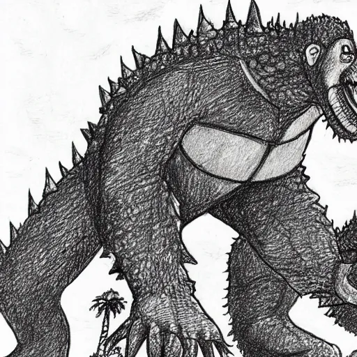 Prompt: A drawing of Godzilla fighting King Kong illustrated in the style of Shell Silverstein