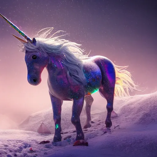 Image similar to a iridescent unicorn is bleeding in the snow, trail of blood follows behind it, toxic smog in the sky, ultra realistic, concept art, intricate details, highly detailed, photorealistic, octane render, 8 k, style of mary jackson