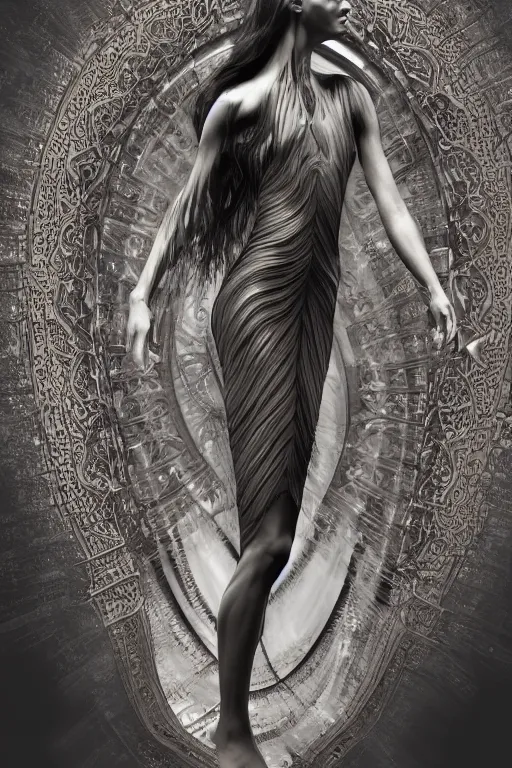 Prompt: a realistic dark photo of a beautiful ancient alien woman goddess kate moss nataraja standing in iris van herpen dress jewelery and fractals in style of alphonse mucha art nuvo dmt trending on artstation made in unreal engine 4