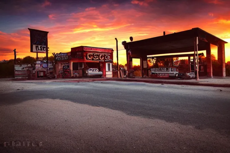 Image similar to a sunset light landscape with historical route 6 6, lots of sparkling details and sun ray ’ s, blinding backlight, smoke, volumetric lighting, colorful, octane, 3 5 mm, abandoned gas station, old rusty pickup - truck, beautiful epic colored reflections, very colorful heavenly, softlight