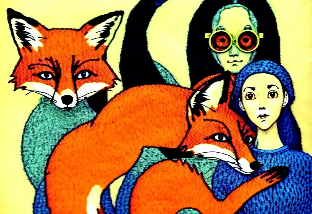 Image similar to portrait of a fox and a ( nerdy ) woman enveloped in yarn thinking of ( seventies art horror ) movies about death and chaos, by norman rockwell, pixar, studio ghibli, toei, mc escher, intricate line work, beautiful, complete light occlusion, hyper realism, trending on pinterest, artstation 8 k