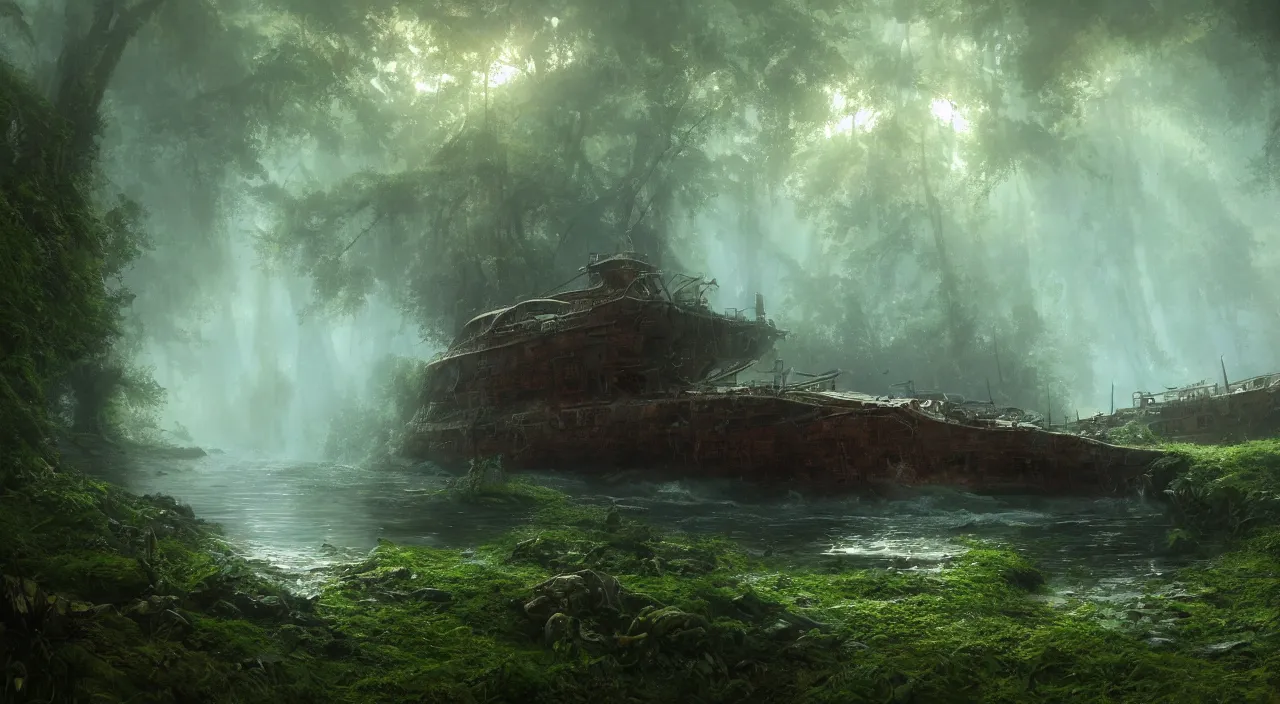 Prompt: rusty warship dreadnought shipwreck in a lush forest, volumetric lighting, god rays, , global illumination, puddles of water, sci-fi, ivy, moss, trending on artstation, concept art by Greg Rutkowski and Sebastian Luca ad Moebius