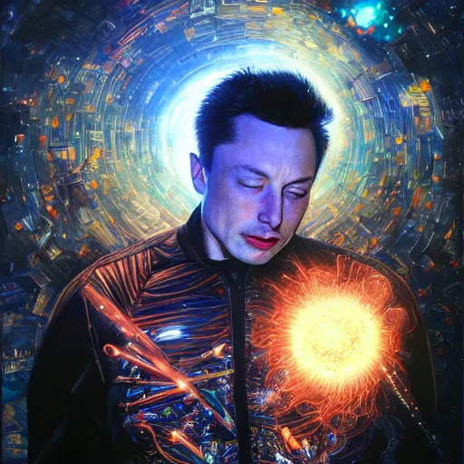 Prompt: UHD hyperrealistic photorealisitc detailed image of cosmic Elon Musk with sparking, busted, broken cybernetic implants by Ayami Kojima Amano Karol Bak, Greg Hildebrandt and Mark_Brooks