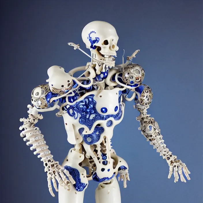 Image similar to bone cyborg armor, chinese blue and white porcelain 1 4 th century, diffuse lighting, fantasy, intricate, elegant, highly detailed, lifelike, photorealistic, digital painting, artstation, illustration, concept art, smooth, sharp focus, art by john collier and albert aublet and krenz cushart and artem demura and alphonse mucha