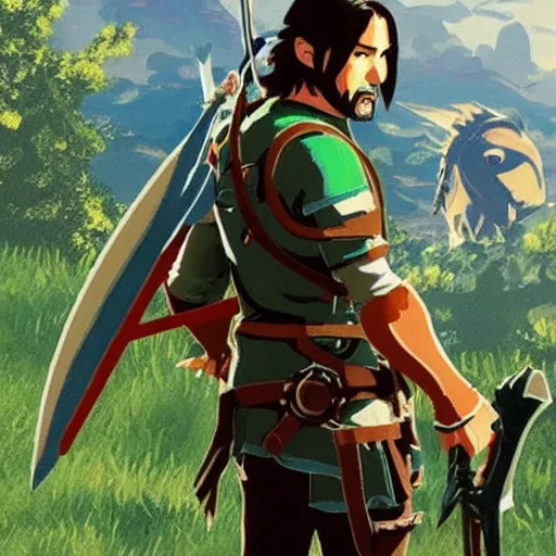 Prompt: Keanu Reeves as Link in The Legend of Zelda Breath of the Wild