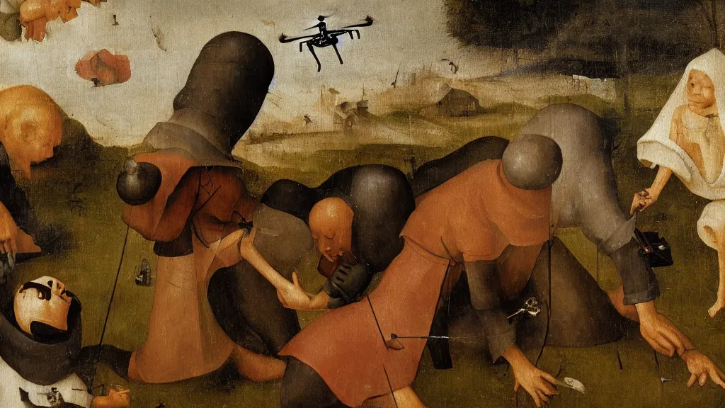 Image similar to a drone attack to innocent villager, close-up villager terrified by drone, in the fashion of Hieronymus Bosch, oil on canvas, painting, 4k