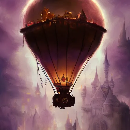 Image similar to a beautiful stunning fantasy whimsical matte digital illustration of a hot - air balloon powered by magic over a lit city at night by marc simonetti, pastel color palette, disney magic the gathering steampunk, chiaroscuro magical bokeh moon stars dramatic romantic, trending on artstation hq, masterpiece