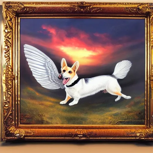 Image similar to a corgi with wings, flapping its wings flying in sunset sky, oil on canvas, portrait, intricate, 8k highly professionally detailed, HDR, CGsociety