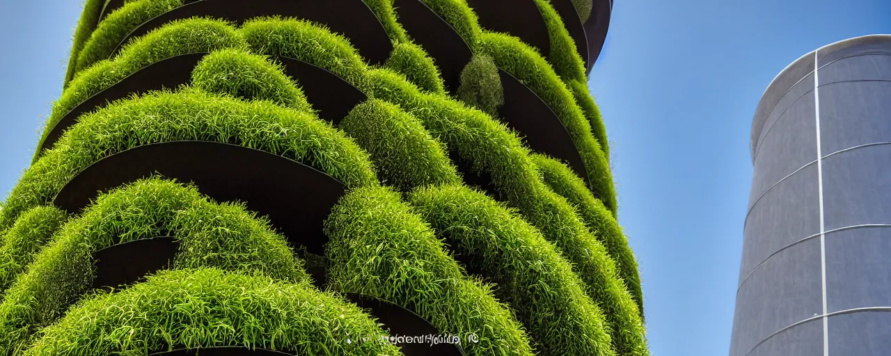 Image similar to torus shaped electrostatic water condensation collector tower, irrigation system in the background, vertical gardens, in the middle of the desert, XF IQ4, 150MP, 50mm, F1.4, ISO 200, 1/160s, natural light