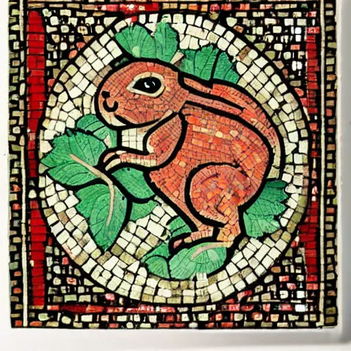 Image similar to a rabbit eating raspberries in the style of ancient mosaic