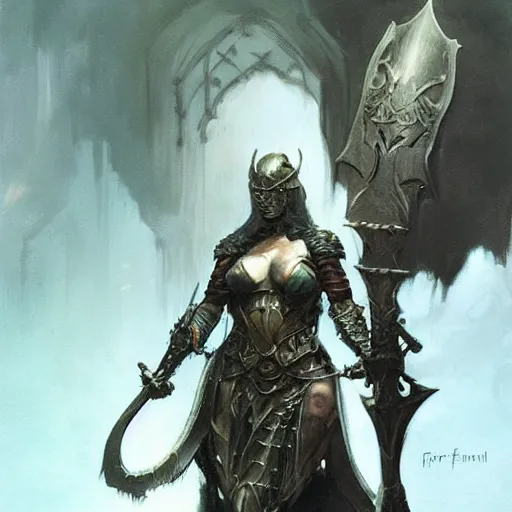 Image similar to A full portrait of a beautiful armored berserker woman, with an oversize Gothic sword, by Frank Frazetta, Greg Rutkowski, Boris Vallejo, epic fantasy art, Exquisite detail, post-processing, masterpiece, cinematic