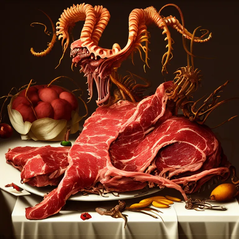 Image similar to still life of rotten meat, xenomorph, beautiful tropical flowers, human spine, tropical fruit baroque painting, beautiful detailed intricate insanely detailed octane render, 8K artistic photography, photorealistic, chiaroscuro, Raphael, Caravaggio