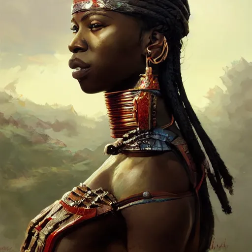 Image similar to african warrior queen, detailed portrait, intricate complexity, by greg rutkowski, artgerm, ross tran, conrad roset, takato yomamoto, ilya kuvshinov. 4 k, beautiful, cinematic dramatic atmosphere