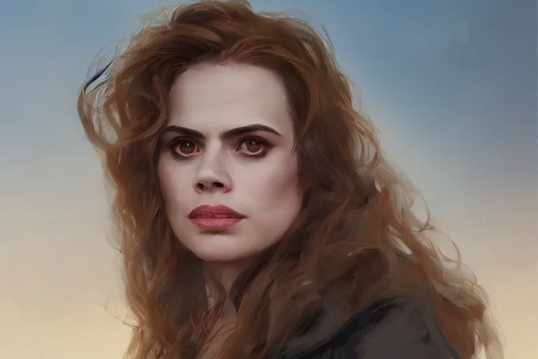 Prompt: A portrait of a 25 year old Hayley Atwell as a witch on a beach by Ruan Jia and Mandy Jurgens and Artgerm and william-adolphe bouguerea, highly detailed, trending on artstation, award winning, H 768