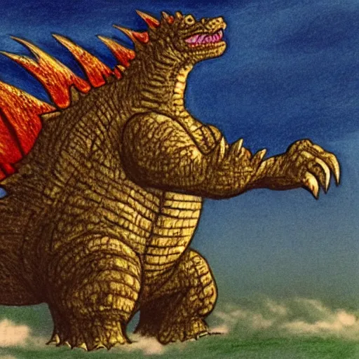 Image similar to drawing of godzilla using a birthday hat, epic, incredible