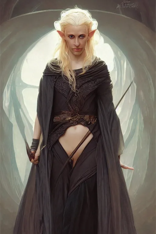 Image similar to portrait of an old blonde elven mage, dark, piercing eyes, gentle expression, elegant clothing, photorealistic, highly detailed, artstation, smooth, sharp focus, art by michael whelan, artgerm, greg rutkowski and alphonse mucha