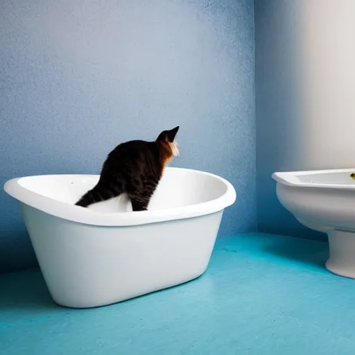 Image similar to a cat escaping a bathtub filled with milk