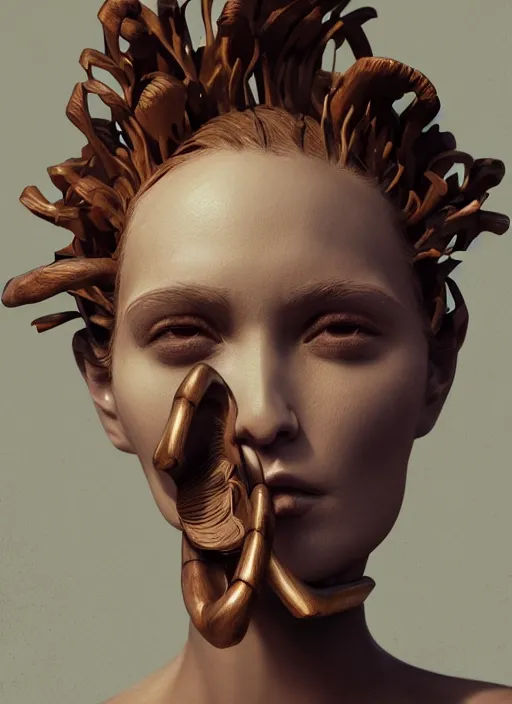 Prompt: sculpture made of wood, portrait, female, future, shaman, harper's bazaar, vogue, magazine, concept art, close up, ornate, luxury, elite, elegant, trending on artstation, by ruan jia, by Kenneth Willardt, by ross tran, by WLOP, by Andrei Riabovitchev,