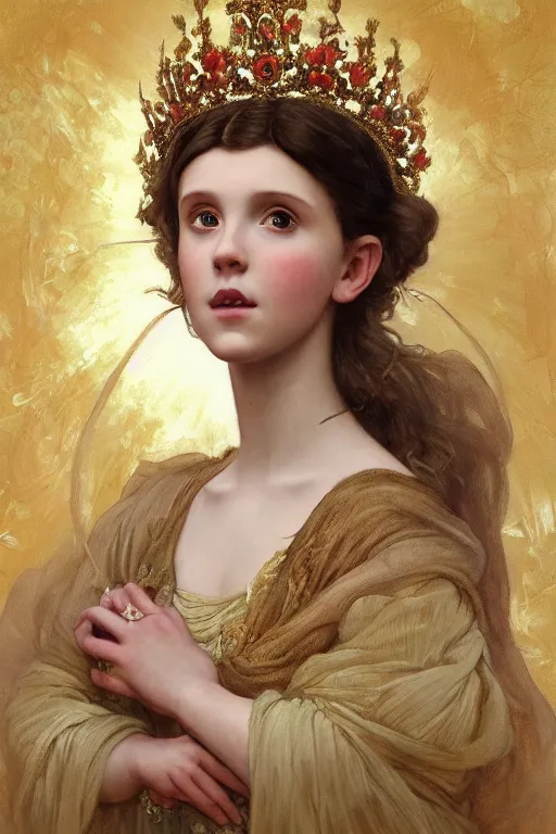 Prompt: a beautiful close - up painting of a crowned princess in a flowing gown resembling millie bobby brown watching the lantern festival in ancient london, at night with a sky full of stars, intricate, elegant, highly detailed, digital painting, artstation, concept art, by krenz cushart and artem demura and william adolph bouguereau and alphonse mucha