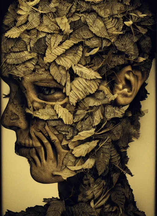 Prompt: a woman's face in profile, made of leaves skeleton, in the style of the Dutch masters and Gregory Crewdson, dark and moody