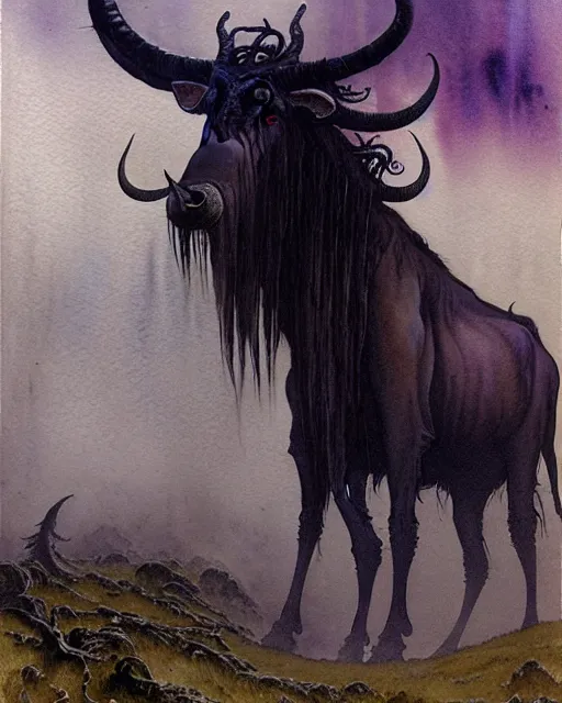 Image similar to a realistic and atmospheric watercolour fantasy character concept art portrait of a 4 0 ft. tall lovecraftian wildebeest emerging from the mist on the moors of ireland at night. by rebecca guay, michael kaluta, charles vess and jean moebius giraud