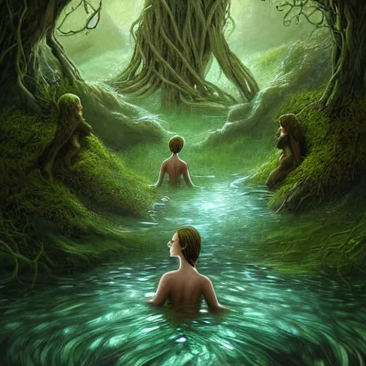 Image similar to beautiful digital fantasy illustration of A woody green field with a stream running through it, with a group of dryad women standing in the water. They seem to be preparing to submerge themselves in the cool, clear waters of the stream. a creepy creature standing in front of a mirror!, concept art by Alex Horley-Orlandelli!!, cgsociety contest winner!!!, gothic art,!!!!, cgsociety, fantasy art, highly detailed, soft lighting, rendered in octane, masterpiece, very very very aesthetic