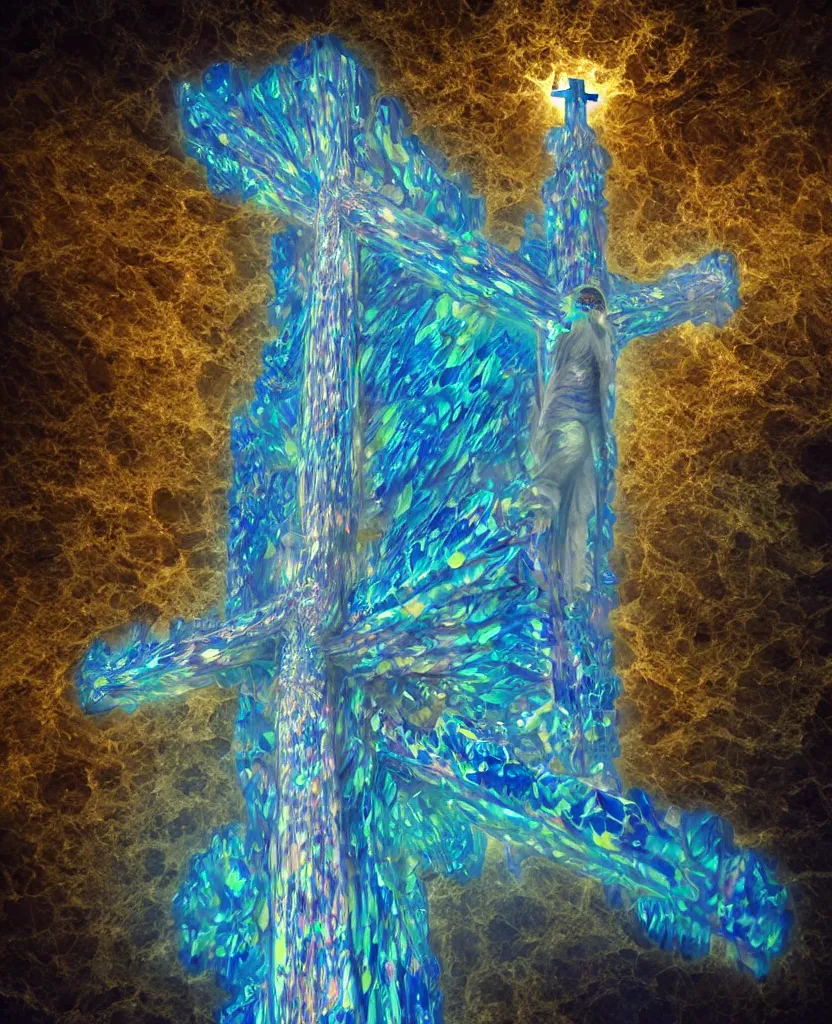 Prompt: a crystalline 3 d mandelbulb fractal in the shape of jesus christ on the cross, bioluminescent opal, fractal, magnificent lighting, ethereal, ray tracing, octane, holographic