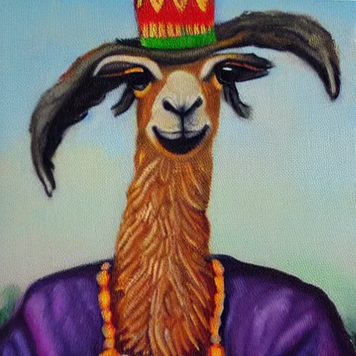 Image similar to an oil painting of a llama wearing fancy dress