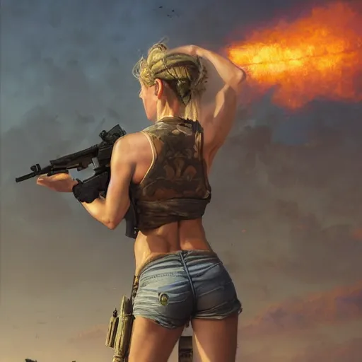 Prompt: an epic portrait of an female in a white tank top holding an assault rifle, explosions in the backround, battlefield, cloudy, digital painting, artstation, concept art, donato giancola, Joseph Christian Leyendecker, WLOP, Boris Vallejo, Breathtaking, 8k resolution, extremely detailed, beautiful, establishing shot, artistic, hyperrealistic, octane render, cinematic lighting, dramatic lighting, masterpiece, light brazen, extremely detailed and beautiful face, centered, smooth, sharp focus, unreal 5, DAZ, dynamic lighting