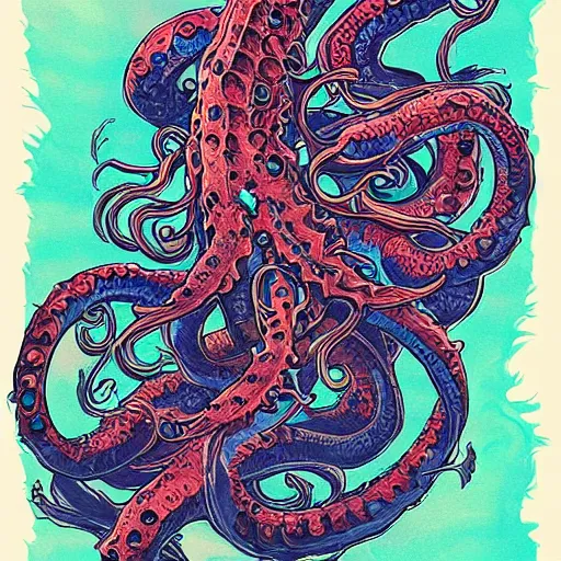 Prompt: kraken arm rising out of the ocean, d & d style, trending on artstation, colorful, intricate, art by kev chan