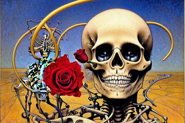 Image similar to realistic detailed portrait painting of a skeleton with a single rose in a dystopian desert by Jean Delville, Amano, Yves Tanguy, Alphonse Mucha, Ernst Haeckel, Edward Robert Hughes, Roger Dean, rich moody colours, blue eyes