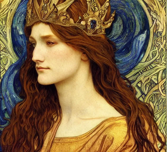 Image similar to detailed realistic beautiful young medieval queen face portrait by jean delville, alphonse mucha, vincent van gogh, and marco mazzoni, art nouveau, symbolist, visionary, gothic, pre - raphaelite