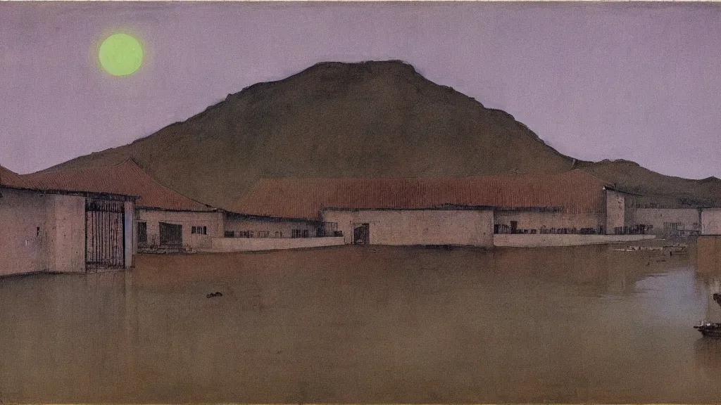 Image similar to a chinese prison near a river by peter doig, muted colors