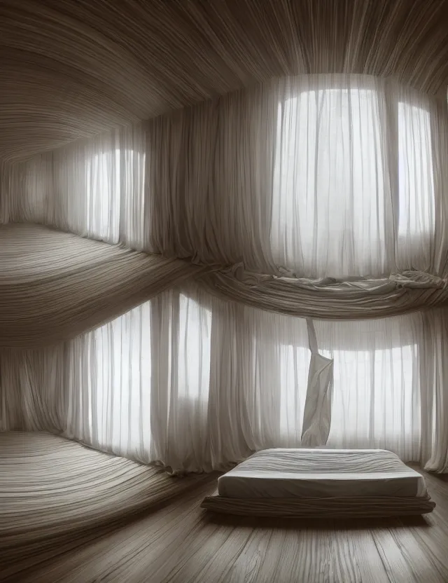 Image similar to an ultra wide angle photo of a bed hovering above the floor in the middle of a giant bedroom with impossible angles with windows opening to other worlds by casey weldon and lee madgewick and m. c. escher, photorealistic, octane render, recursive!!!!, flowing, cascading, multiverse!!!!!!, labyrinthine