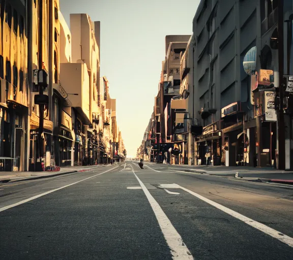 Image similar to photo of an average los angeles street, cinematic color grading, various poses, soft light, faded colors, well framed, sharp focus, 8 k